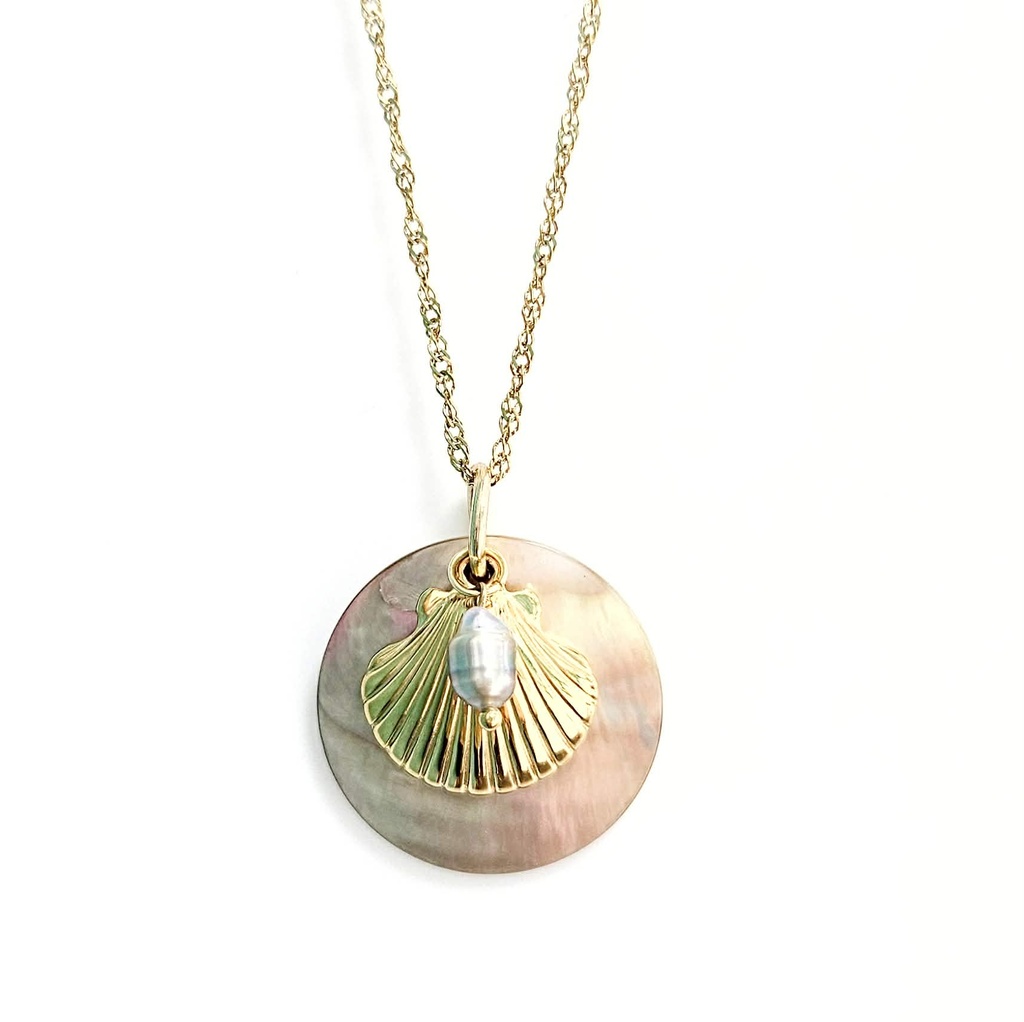 COLLIER NACRE RONDE, SHELL ET KEISHI - ACIER DORE RONDE