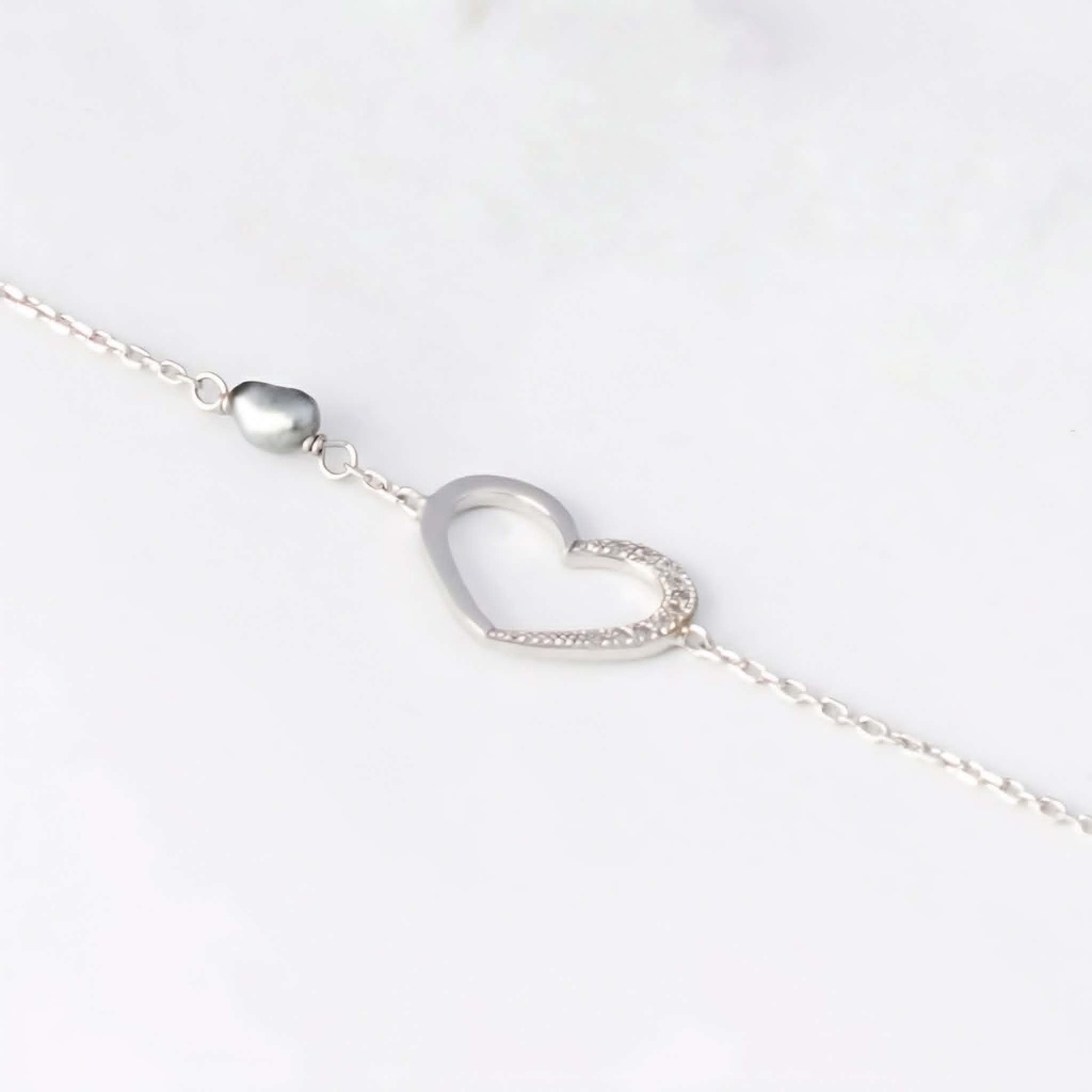 BRACELET ARGENT COEUR ZIRCONS ET KEISHI