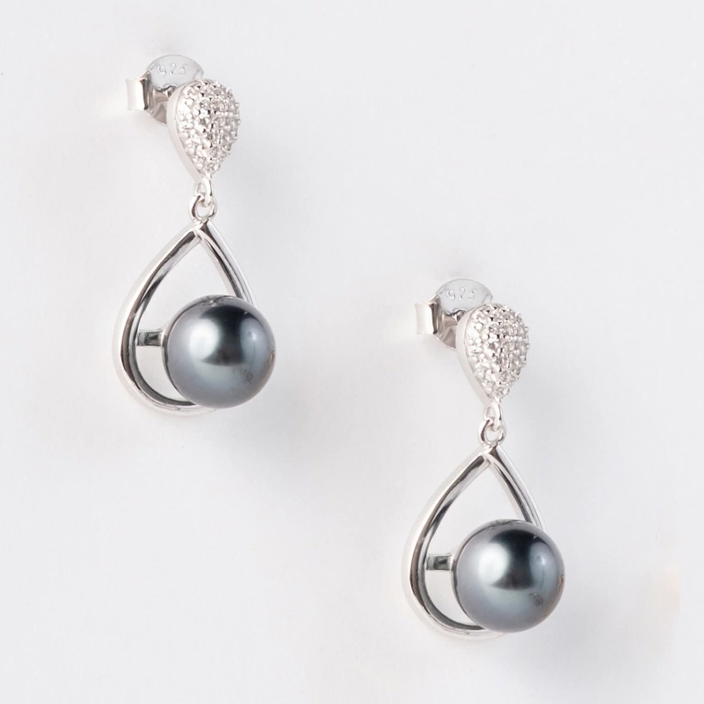 Boucles d'oreilles en argent rhodié, zircons et perle