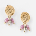 Boucles d'oreilles acier doré estampe + pierres violettes + keishis