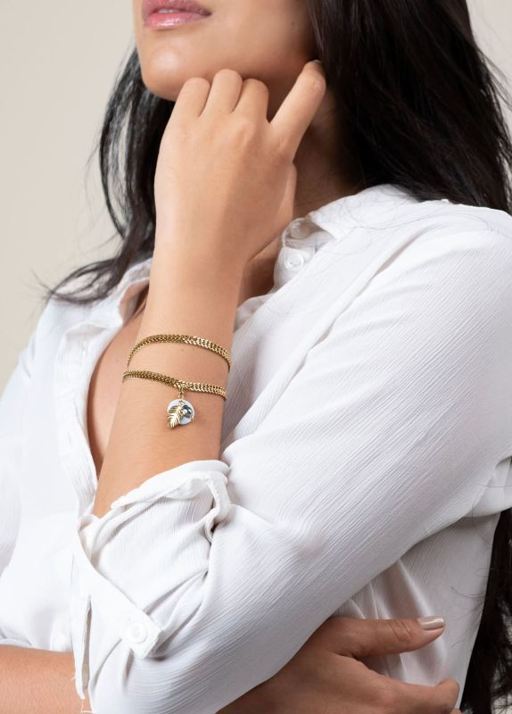 BRACELET DOUBLE MAILLE PALMIER KEISHI NACRE RONDE ET FEUILLE - ACIER DORE
