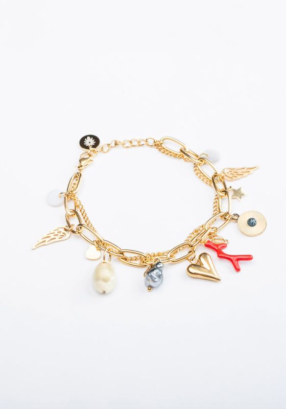 BRACELET BRELOQUES DIVERSES CORAIL ROUGE ET KEISHI - ACIER DORE