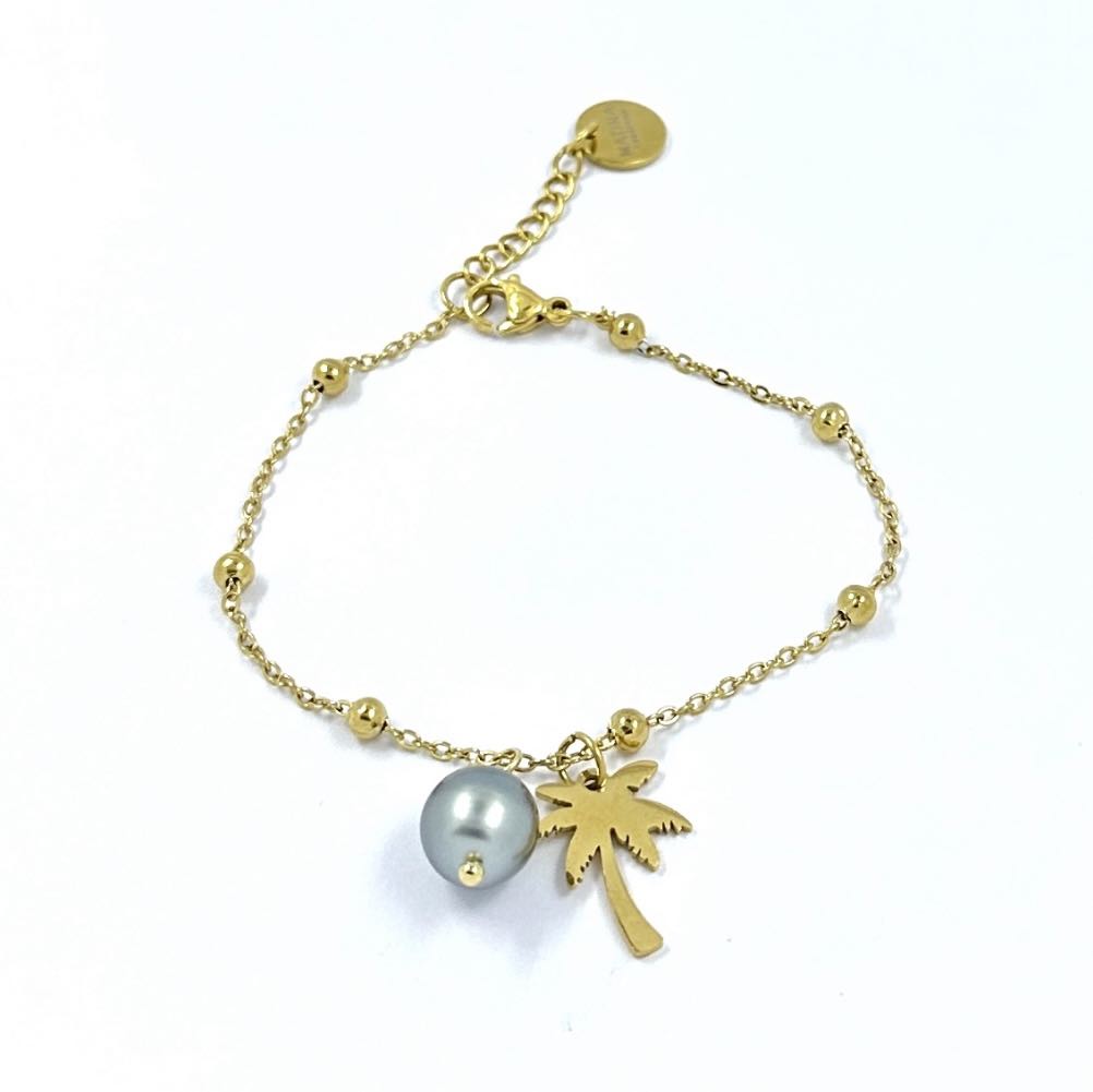 BRACELET minimaliste acier doré PALMIER + PERLE de Tahiti