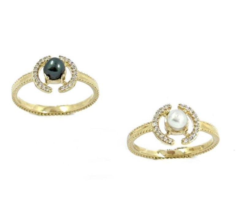 BAGUE DOUBLE C PLAQUE OR, ZIRCONS ET KEISHI