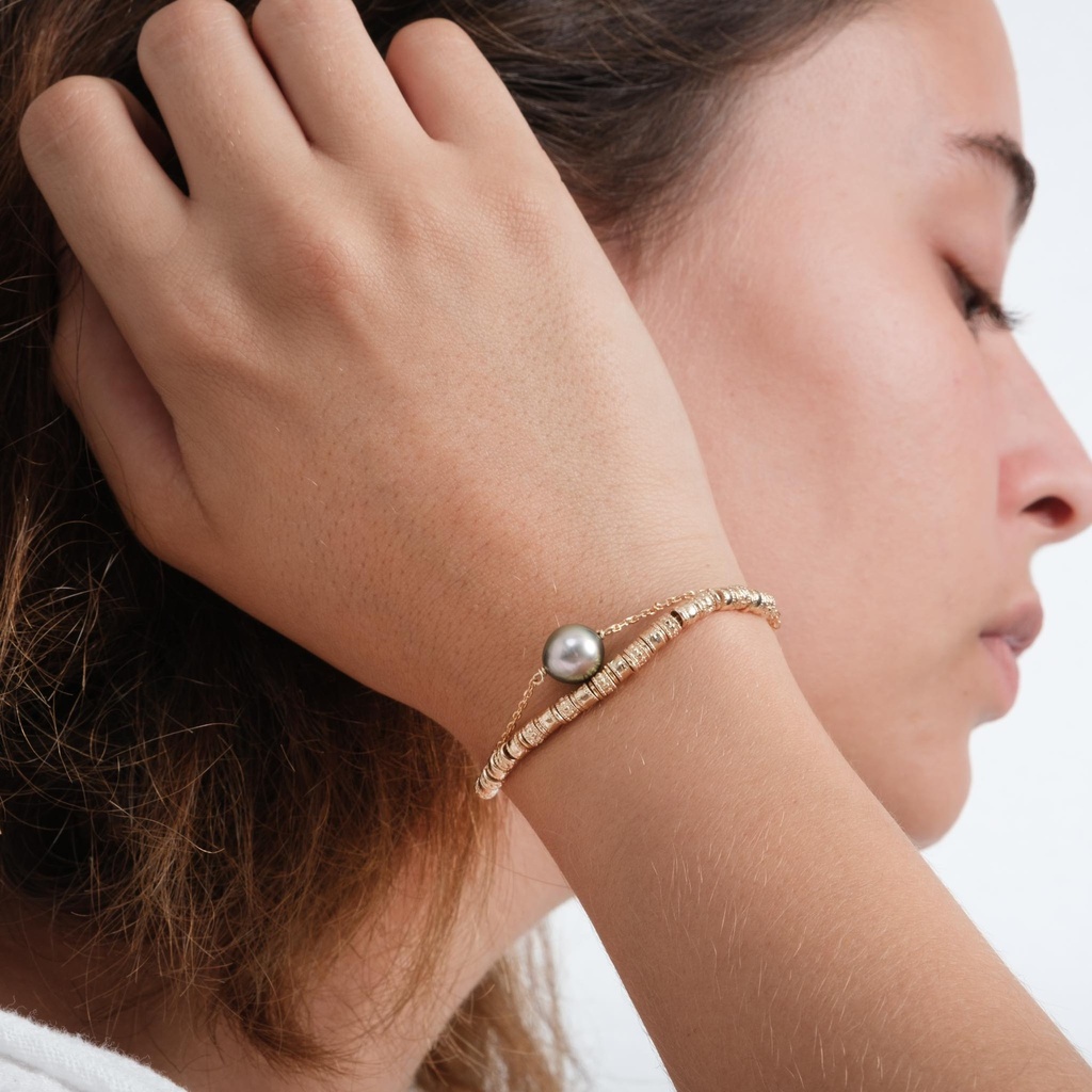 Bracelet double Batik plaqué or et Perle de Tahiti