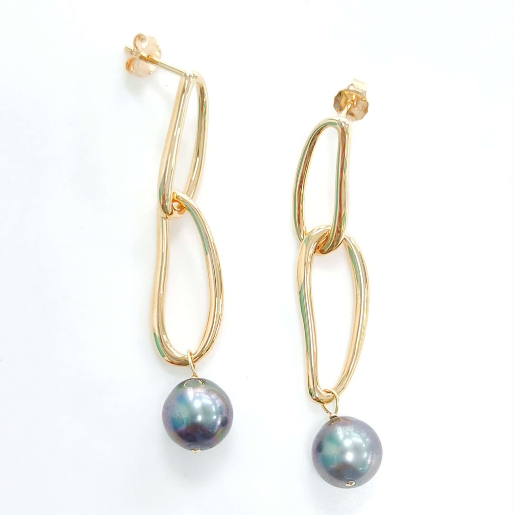 BOUCLES d'oreilles plaqué or ovales + perles de Tahiti
