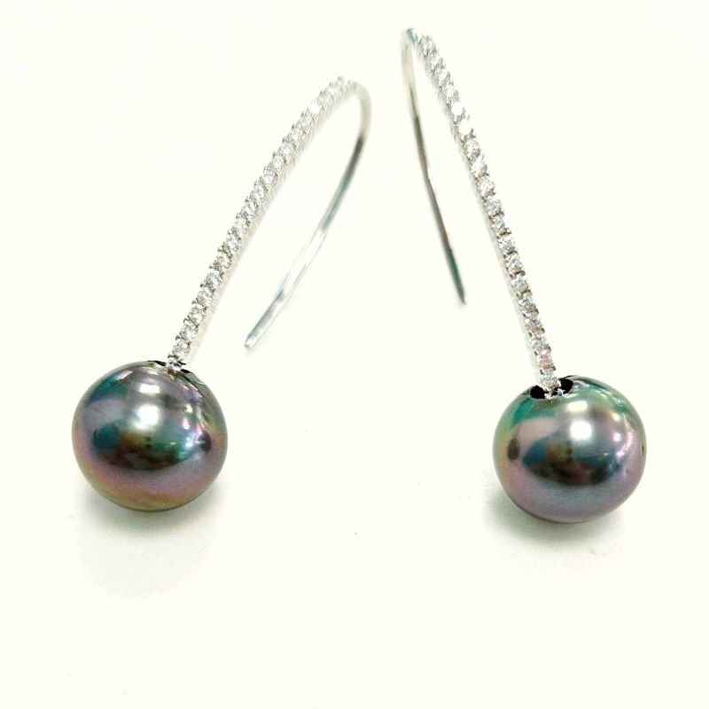 BOUCLES D'OREILLES TIGE ZIRCONS + perles de Tahiti - ARGENT