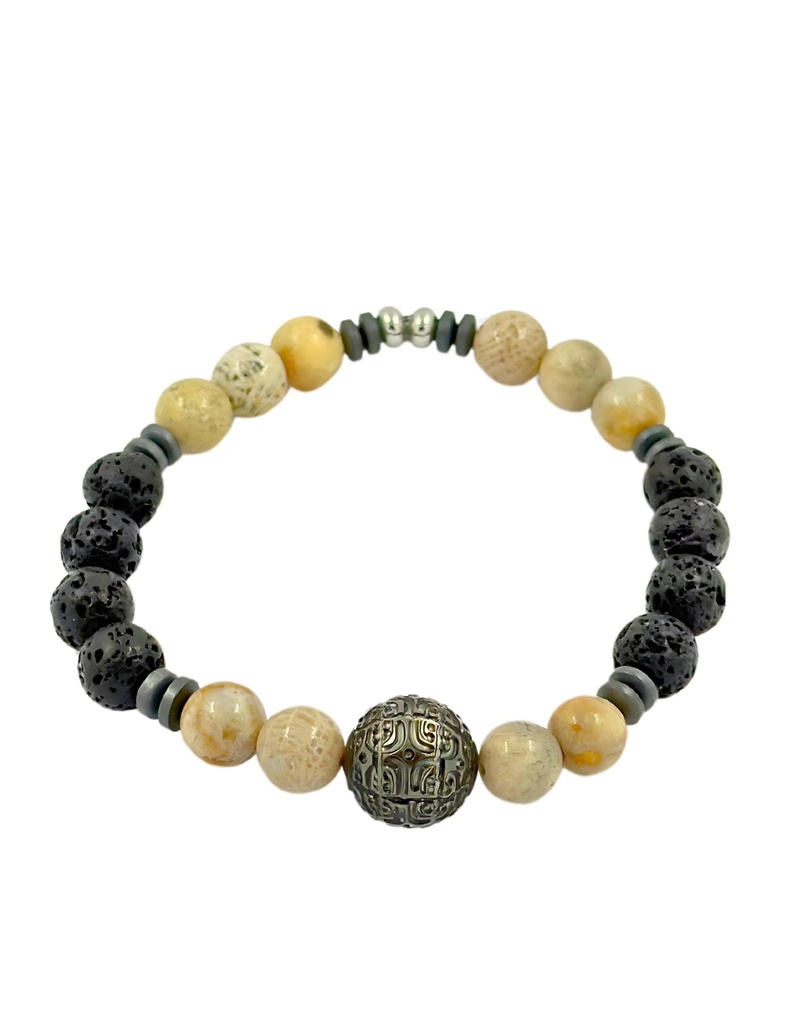 BRACELET HOMME élastique CORAIL FOSSIL / PDL+ perle gravée