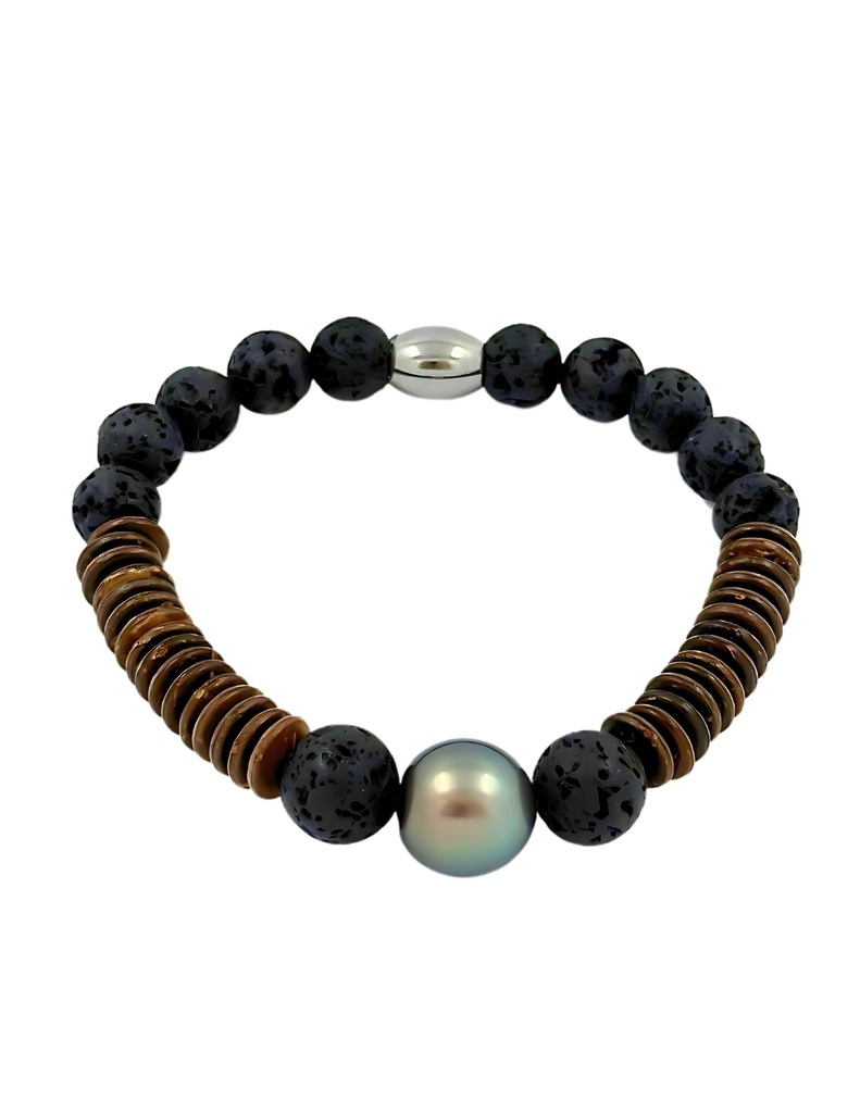 BRACELET ELASTIQUE HOMME BOIS DE COCOTIER/PDL ET PERLE