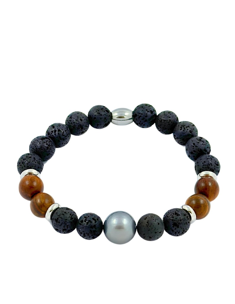 BRACELET HOMME ELASTIQUE BOIS/GPDL ET PERLE