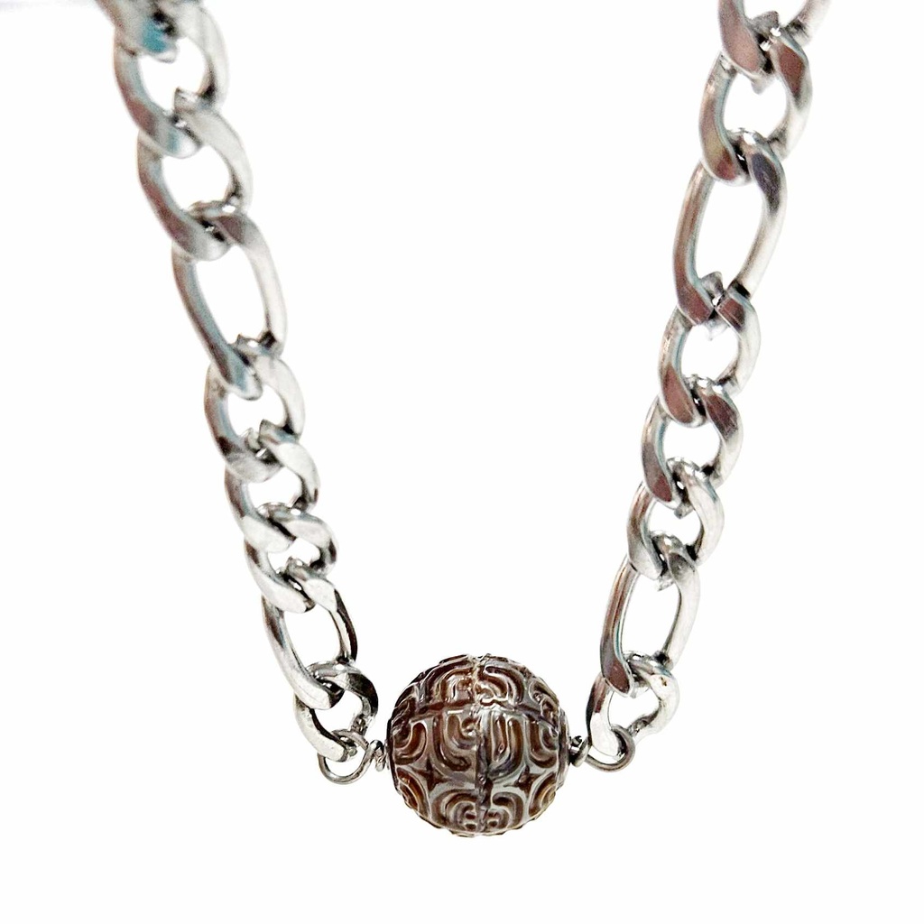 COLLIER HOMME MAILLE EPAISSE AVEC PERLE GRAVEE - acier inoxydable