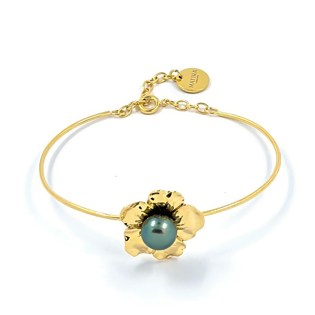 BRACELET JONC FLEUR ET PERLE - Plaqué or