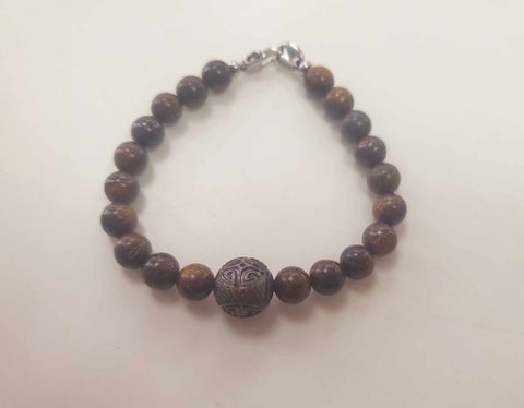 BRACELET HOMME FERMOIR ACIER PIERRE BRONZITE + PERLE GRAVEE