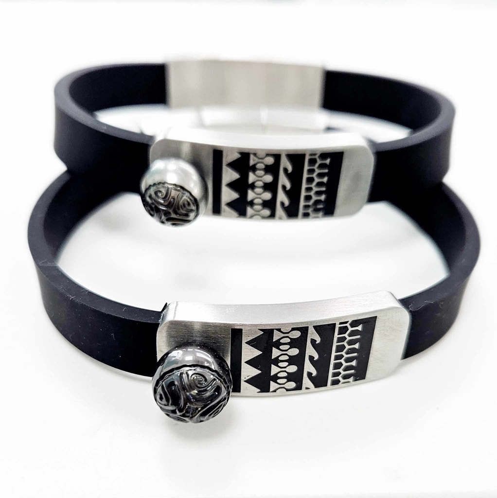 Bracelet Homme Acier Caoutchouc Plaque tattoo et Perle Gravée