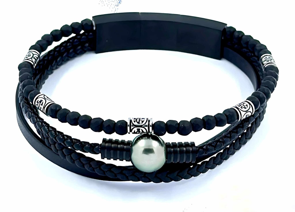 BRACELET HOMME MULTIRANGS CUIR, APPRET ACIER ET PERLE