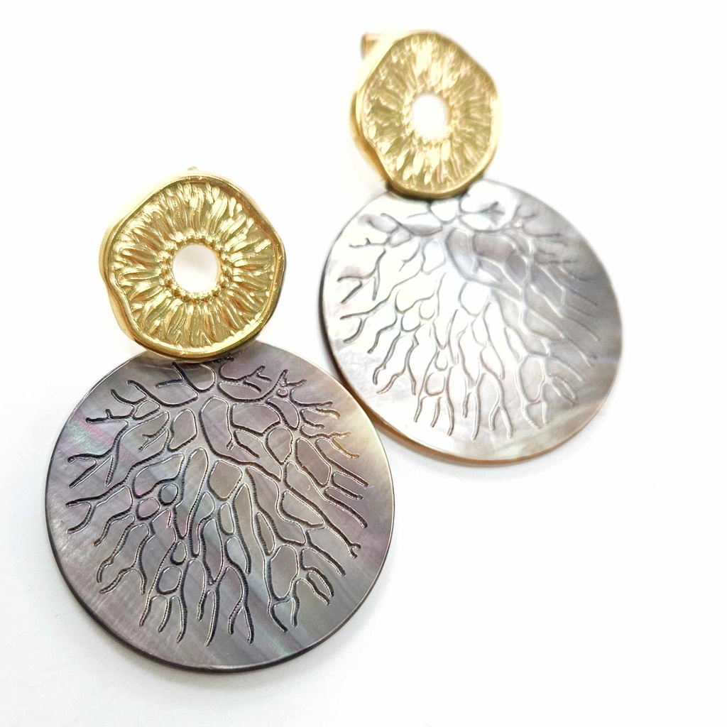 BOUCLES D OREILLES NACRE RONDE CORAIL - acier doré