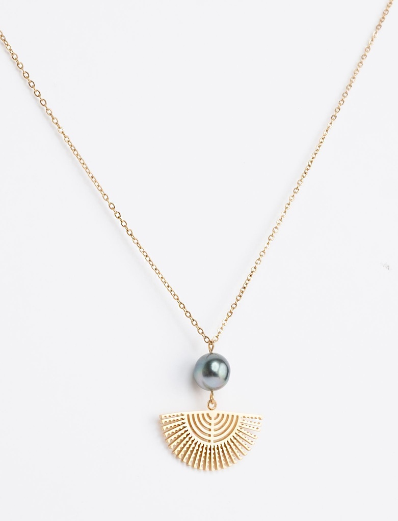 COLLIER EVENTAIL ET PERLE - acier doré