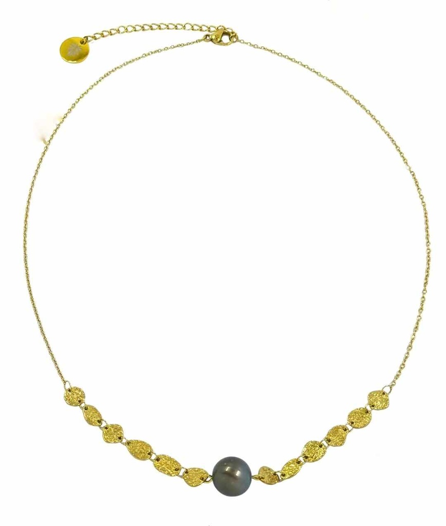 COLLIER PASTILLES ET PERLE - ACIER DORE