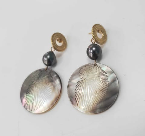 BOUCLES D'OREILLES nacre ronde acier doré + perle Tahiti