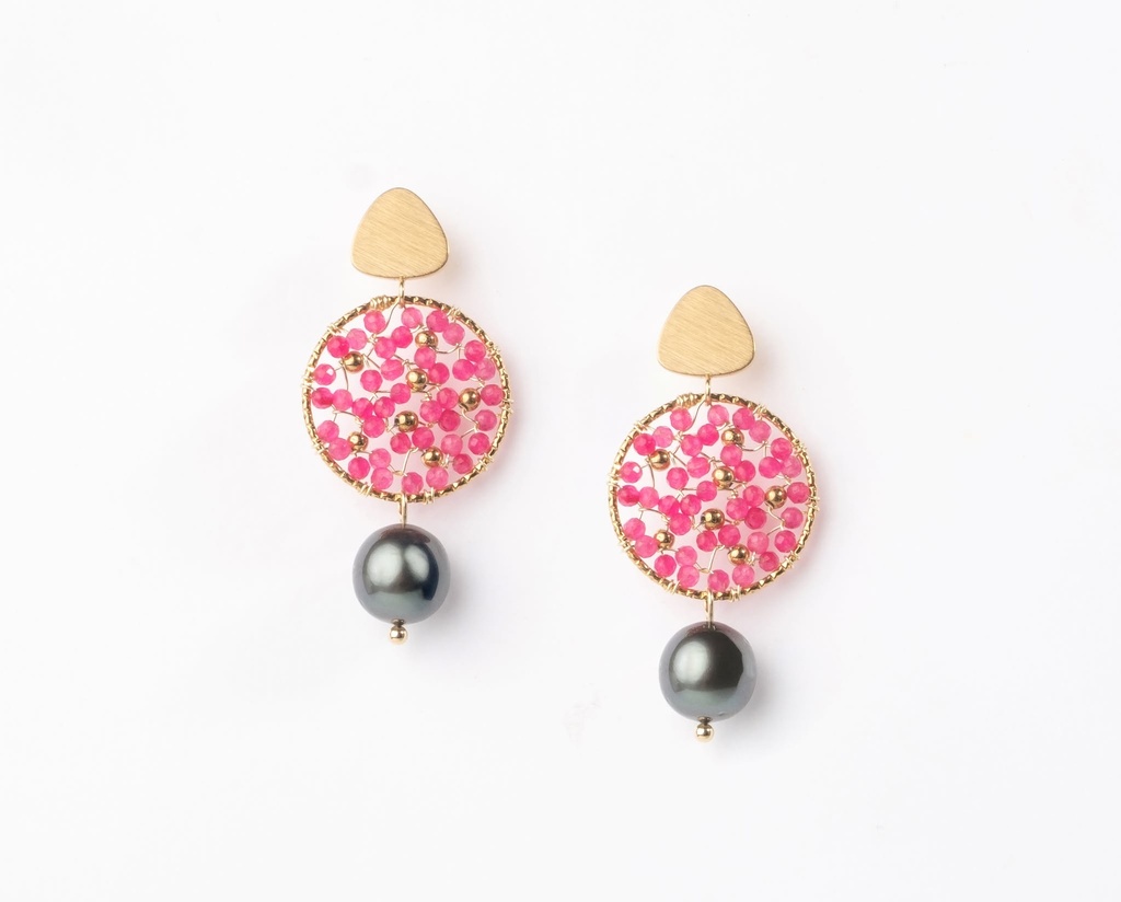 BOUCLES D OREILLES ROSACE ROSE PERLE - ACIER DORE