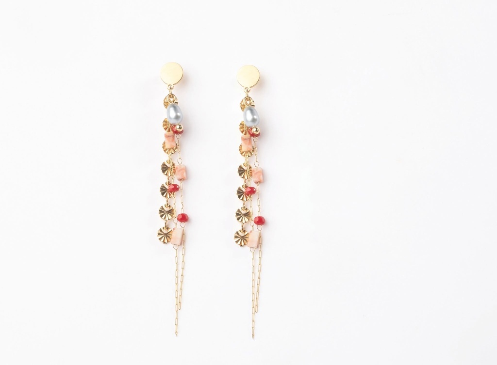 BOUCLES D OREILLES LONGUES ROUGE ET KEISHI - ACIER DORE