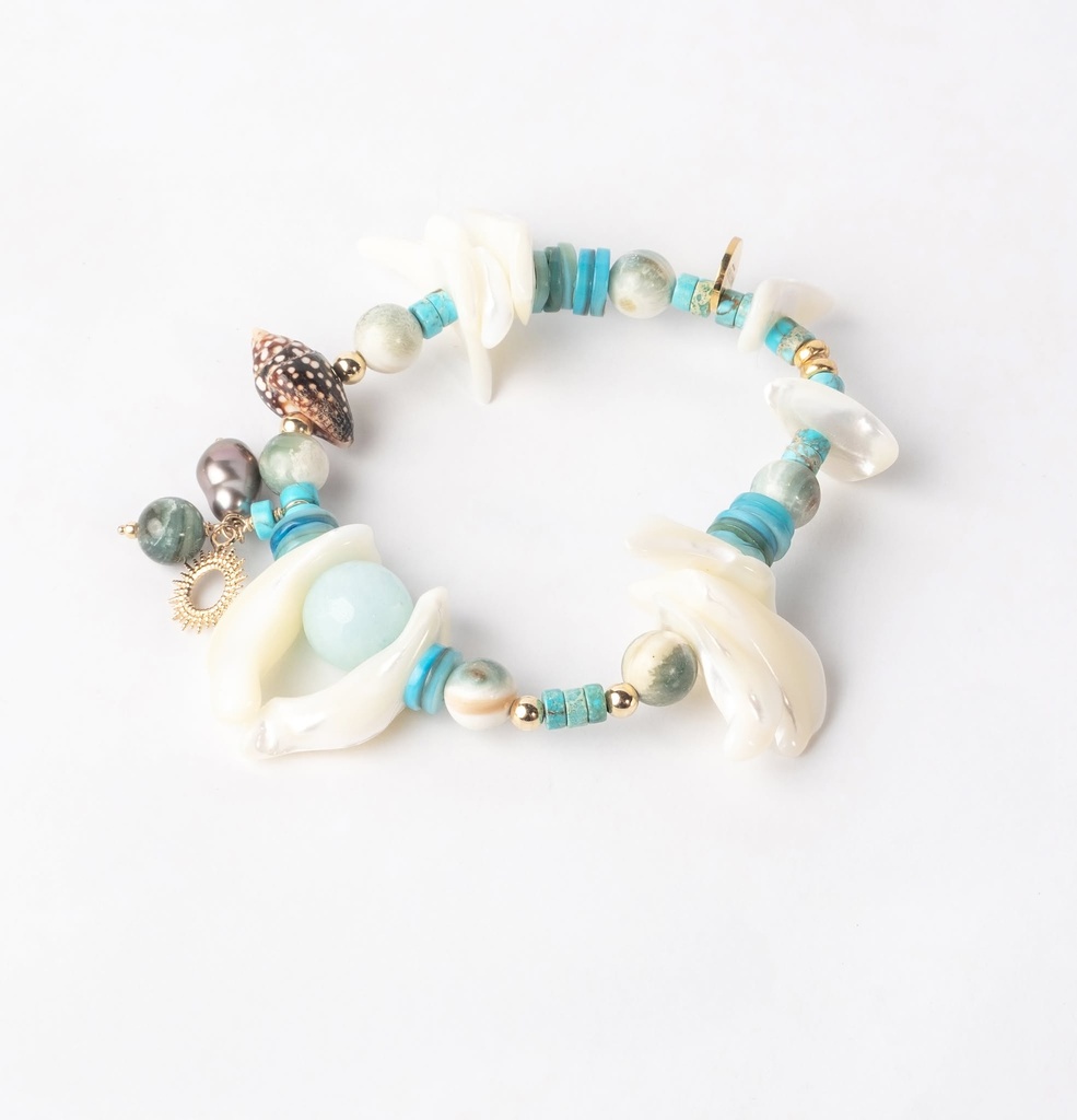 BRACELET plaqué or élastique nacre/turquoise/coquillage+keishi