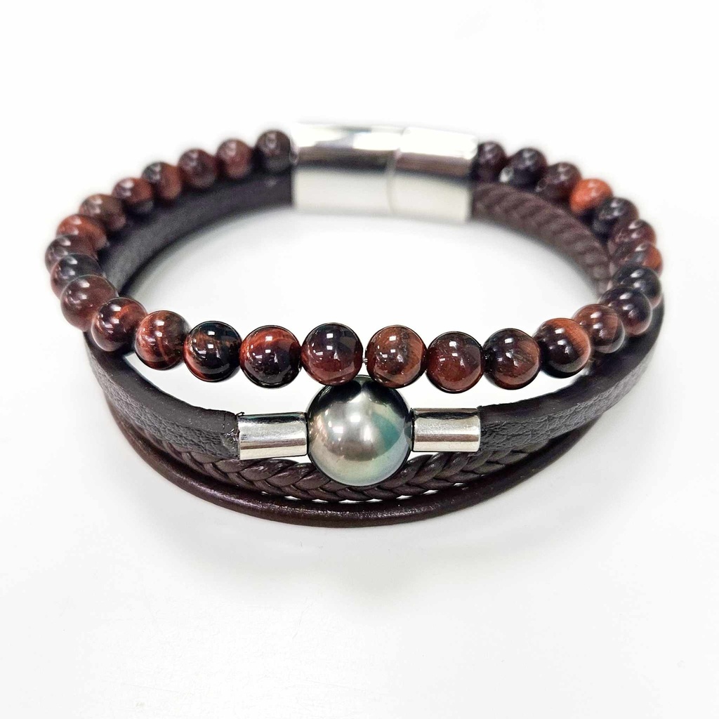 BRACELET HOMME MULTI CUIR MARRON AGATE ET PERLE DE TAHITI