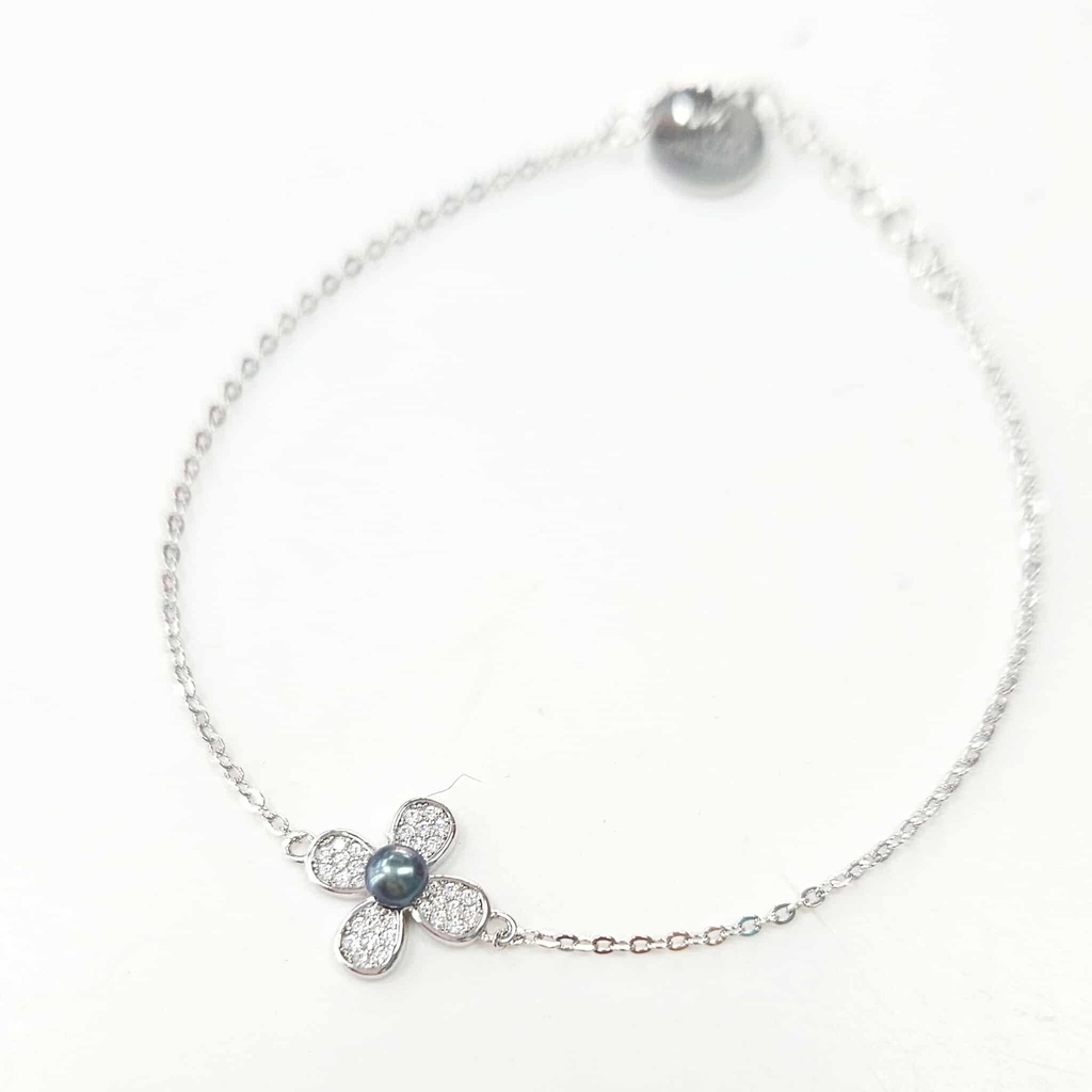 BRACELET FLEUR 4 PETALES, KEISHI ET ZIRCONS - ARGENT