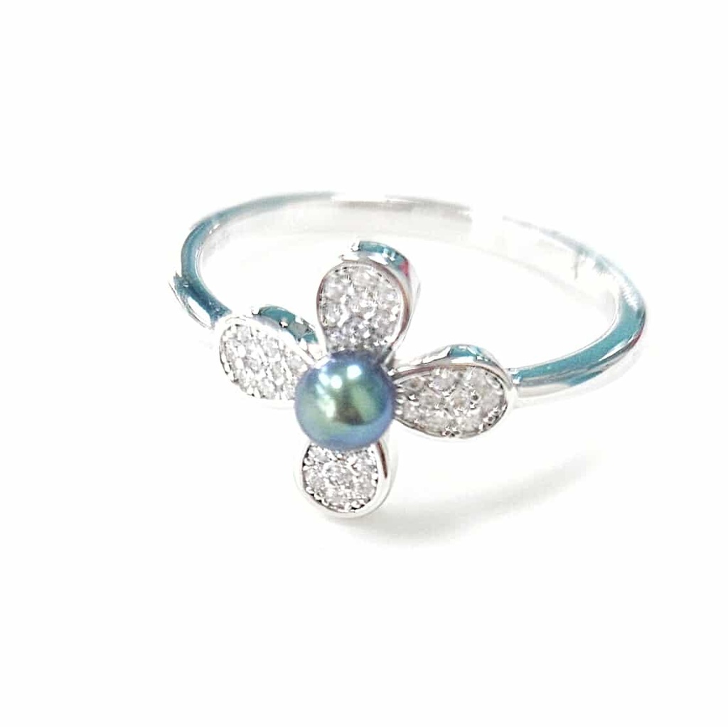 BAGUE FLEUR 4 PETALES KEISHI ET ZIRCONS - ARGENT