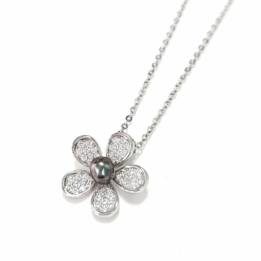 COLLIER ARGENT FLEUR ZIRCONS ET KEISHI