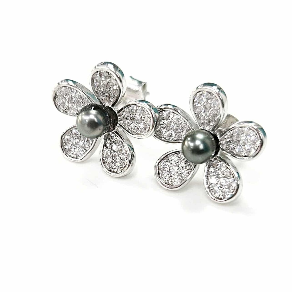 BOUCLES D OREILLES STUDS ARGENT FLEUR ZIRCONS ET KEISHIS
