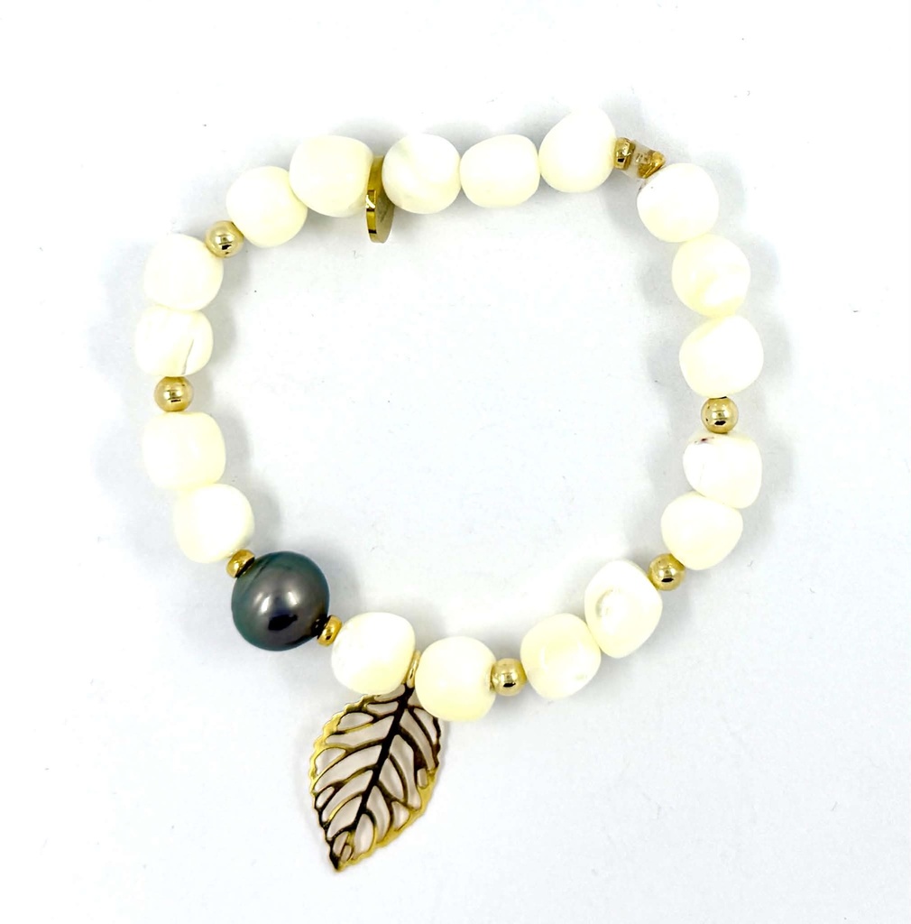 BRACELET élastique BURGO PERLE DE TAHITI ET FEUILLE -PLAQUE OR