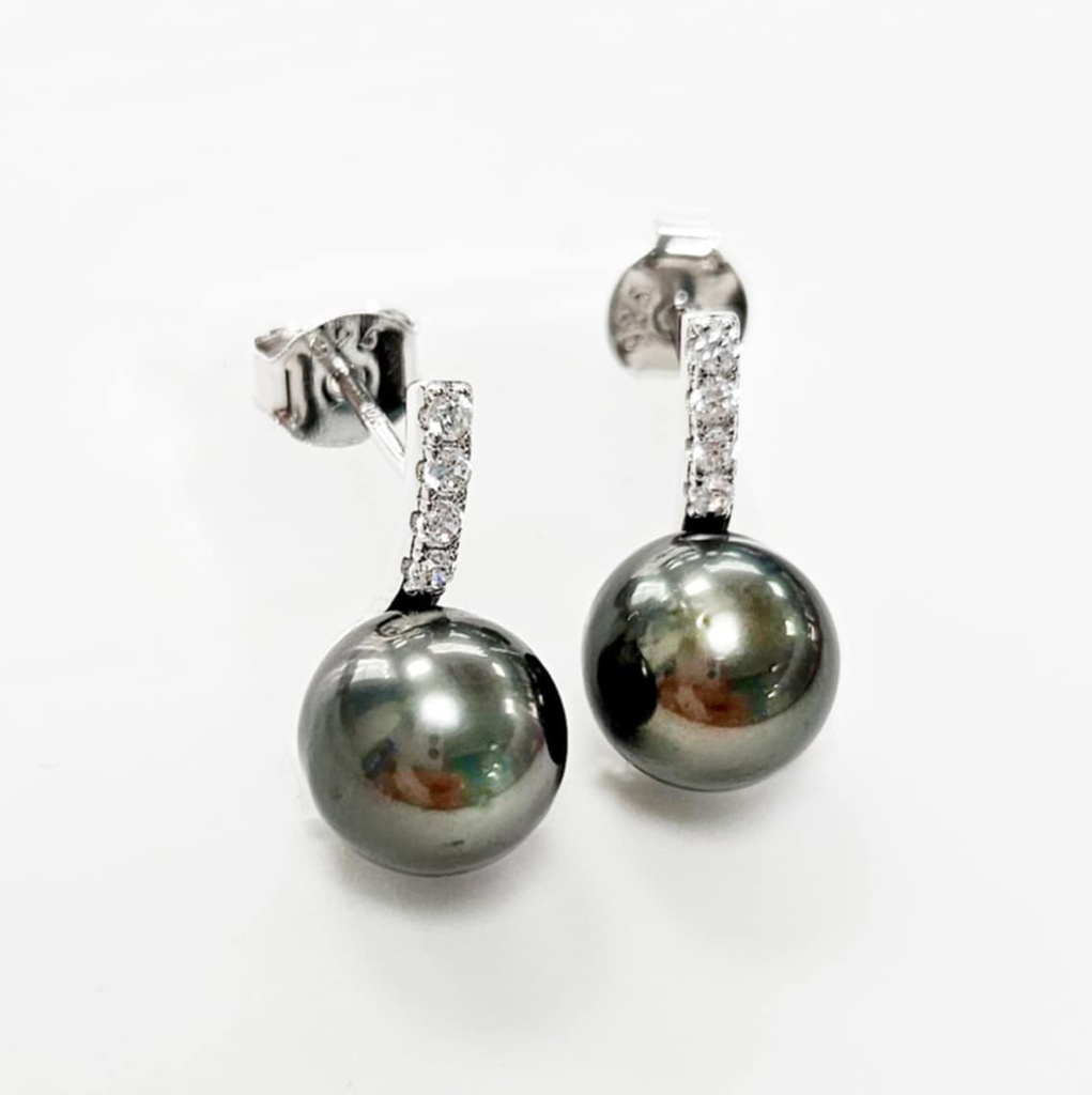 BOUCLES D OREILLES TIGE ZIRCONS ET PERLE DE TAHITI - ARGENT