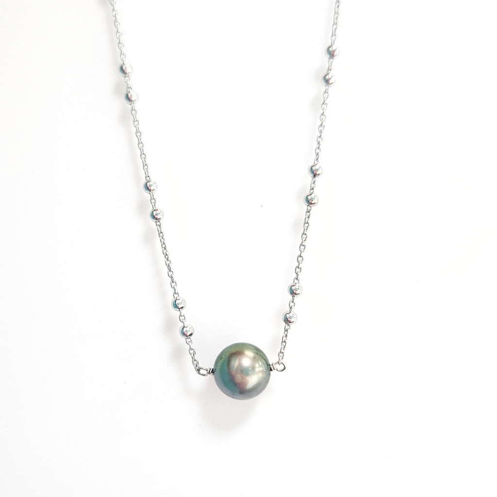 COLLIER 1 PERLE CHAINE DOUBLE BOULETTES - ARGENT