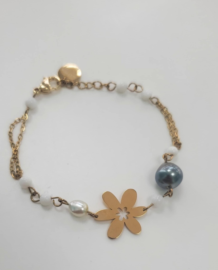 Bracelet acier doré TIARE + perle nacre et keishi