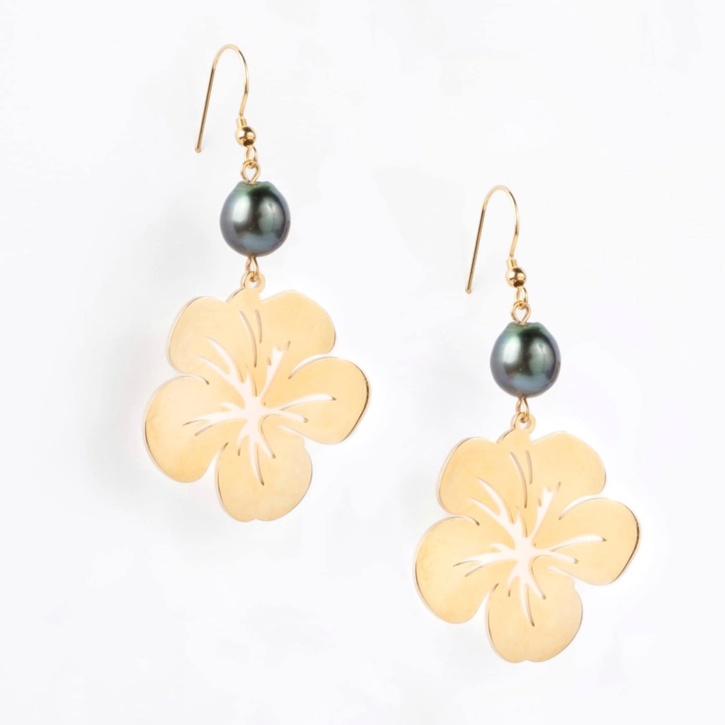 BOUCLES D OREILLES HIBISCUS ET PERLE - ACIER DORE