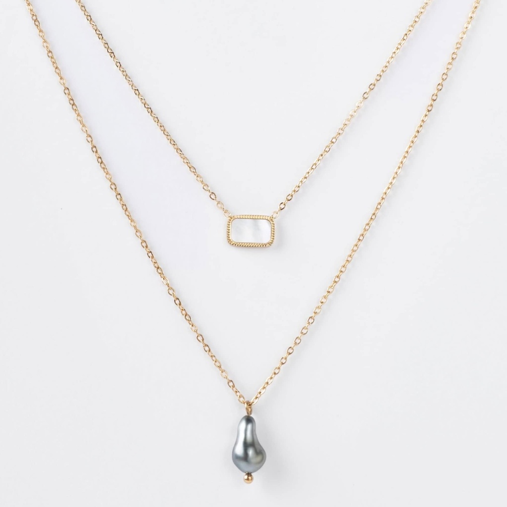 COLLIER 2 RANGS NACRE RECTANGLE ET KEISHI - ACIER DORE - CAPSULE
