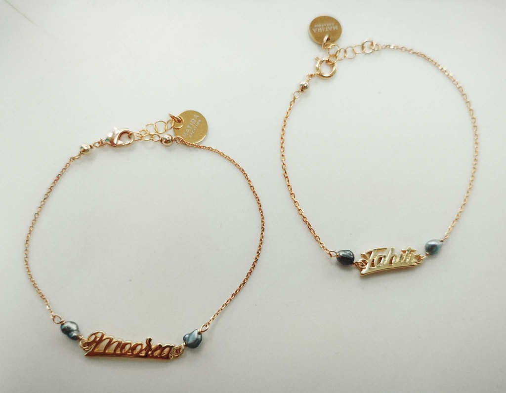 Bracelet en plaqué or TAHITI ou MOOREA + 2 keishis