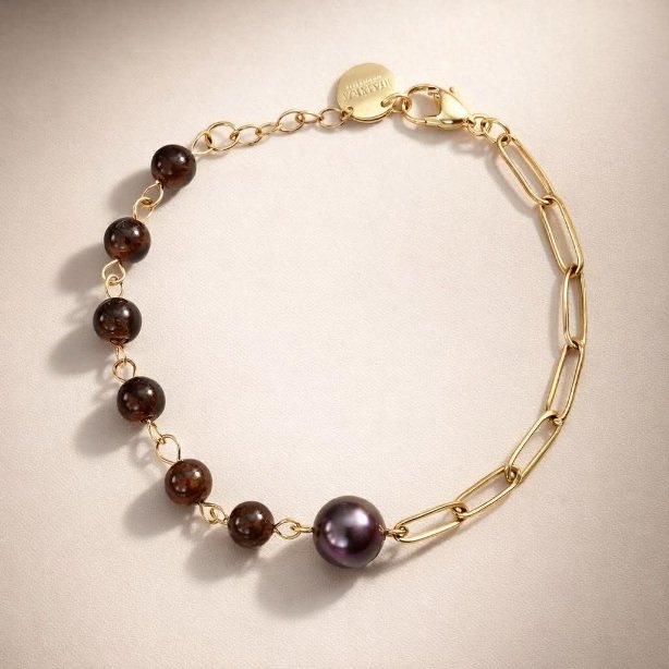 BRACELET 1 PERLE MAILLES RECTANGLE ET OEIL DE TIGRE - ACIER DORE