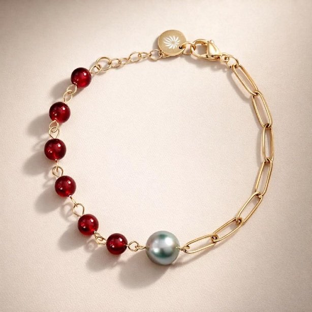 BRACELET 1 PERLE MAILLES RECTANGLE ET PIERRES ROUGES - ACIER DORE