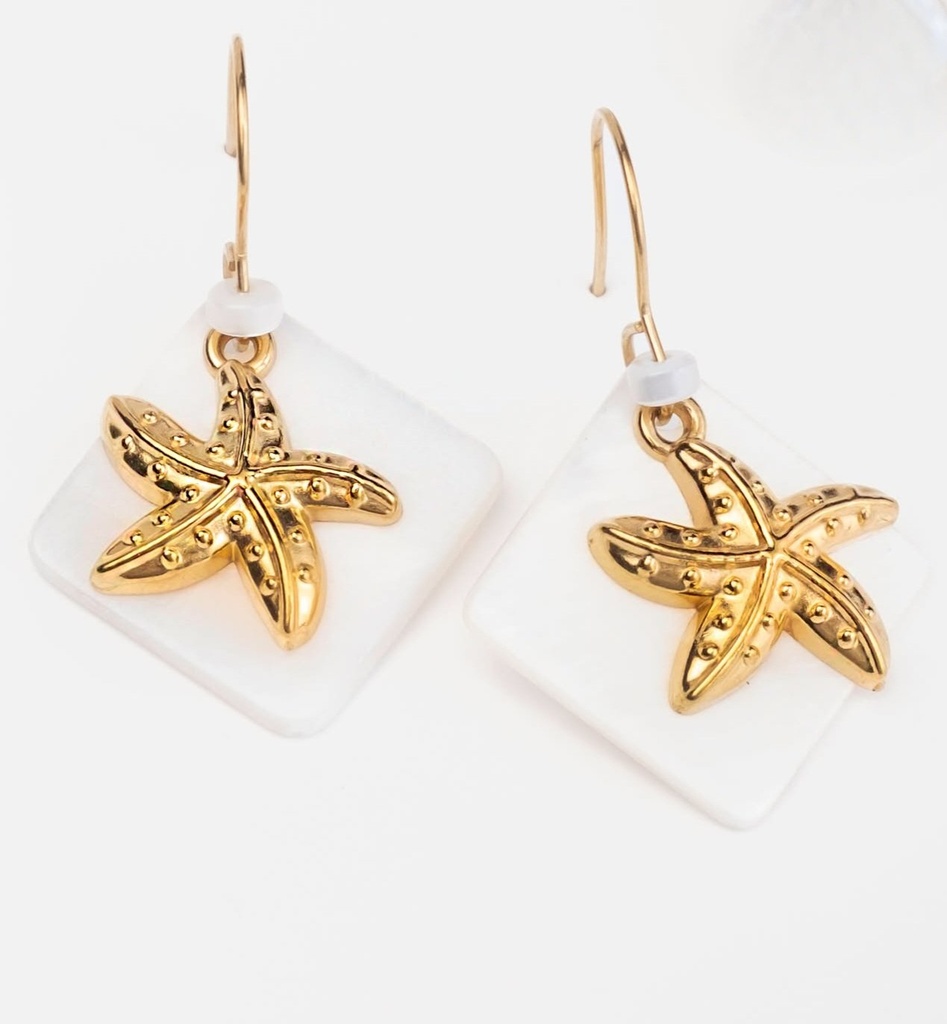 BOUCLES D OREILLES NACRE LOSANGE ET ETOILE DE MER - ACIER DORE