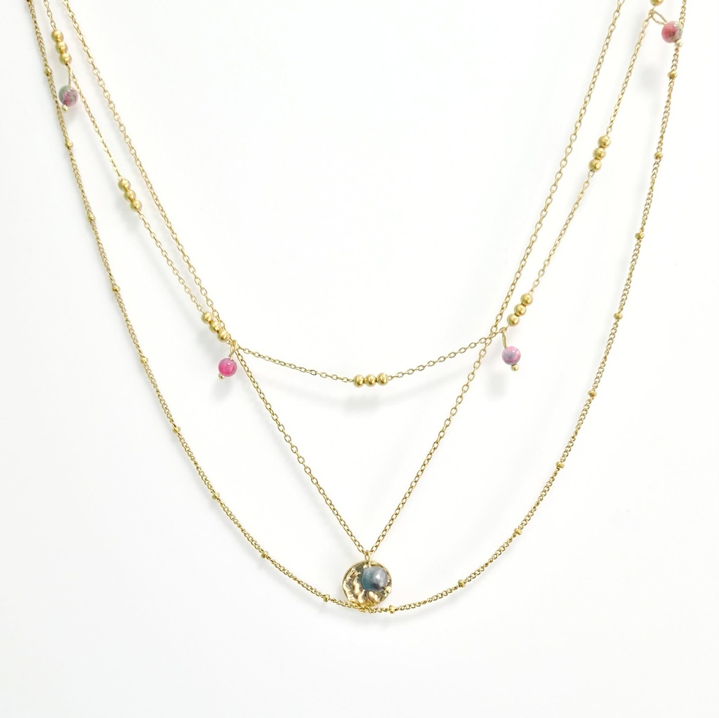 Collier en acier doré pierres + estampe + 1 keishi