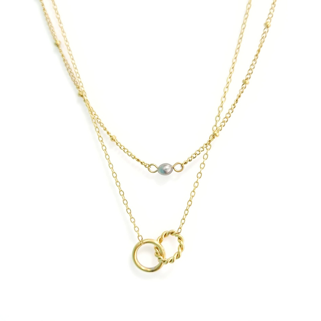 Collier acier doré double, 2 anneaux &amp; 1 keishi