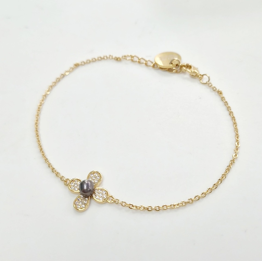 BRACELET PLAQUE OR FLEUR 4 PETALES ZIRCONS ET 1 KEISHI