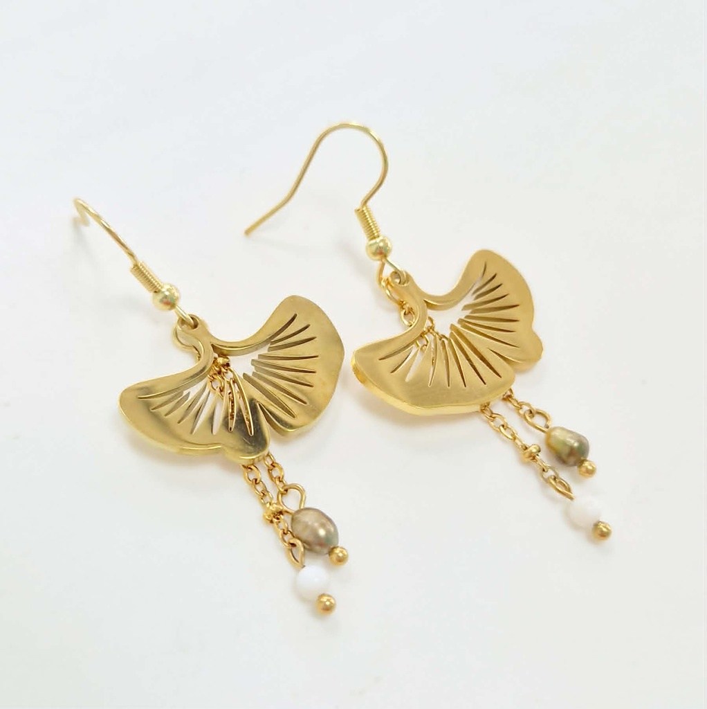 Boucles d'oreilles Ginko doré et keishis - acier doré