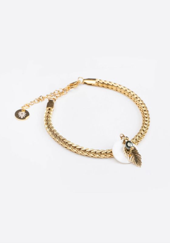 BRACELET MAILLE PALMIER KEISHI NACRE RONDE ET FEUILLE - ACIER DORE