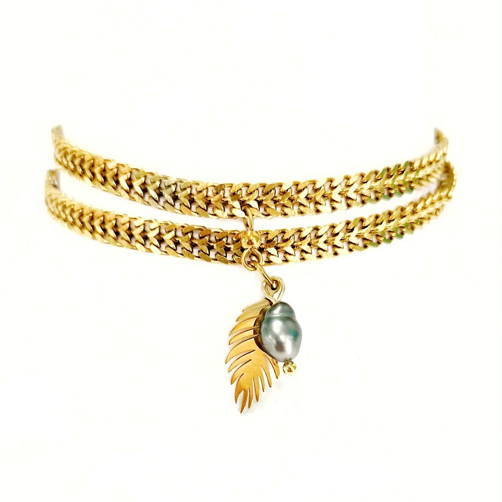 BRACELET DOUBLE MAILLE PALMIER KEISHI NACRE RONDE ET FEUILLE - ACIER DORE