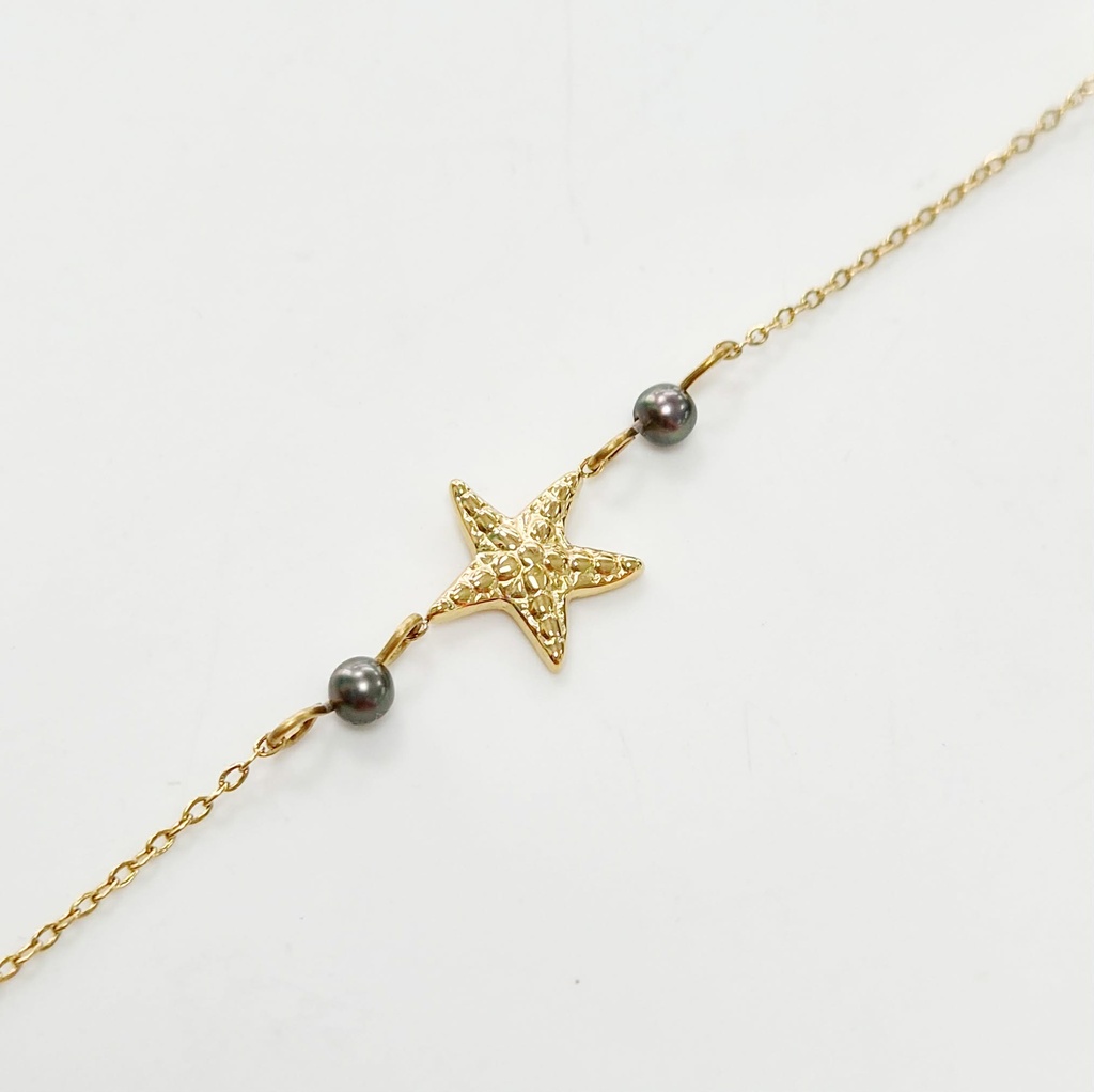 BRACELET ETOILE DE MER ET 2 KEISHIS - ACIER DORE