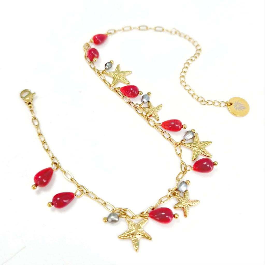 CHAINE DE CHEVILLE ROUGE ETOILES DE MER ET KEISHIS - ACIER DORE