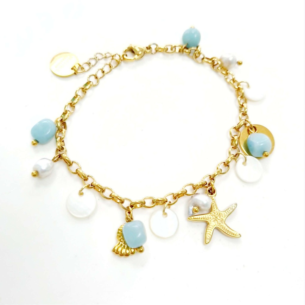 BRACELET OCEAN BRELOQUES BLEUES ET KEISHIS - ACIER DORE